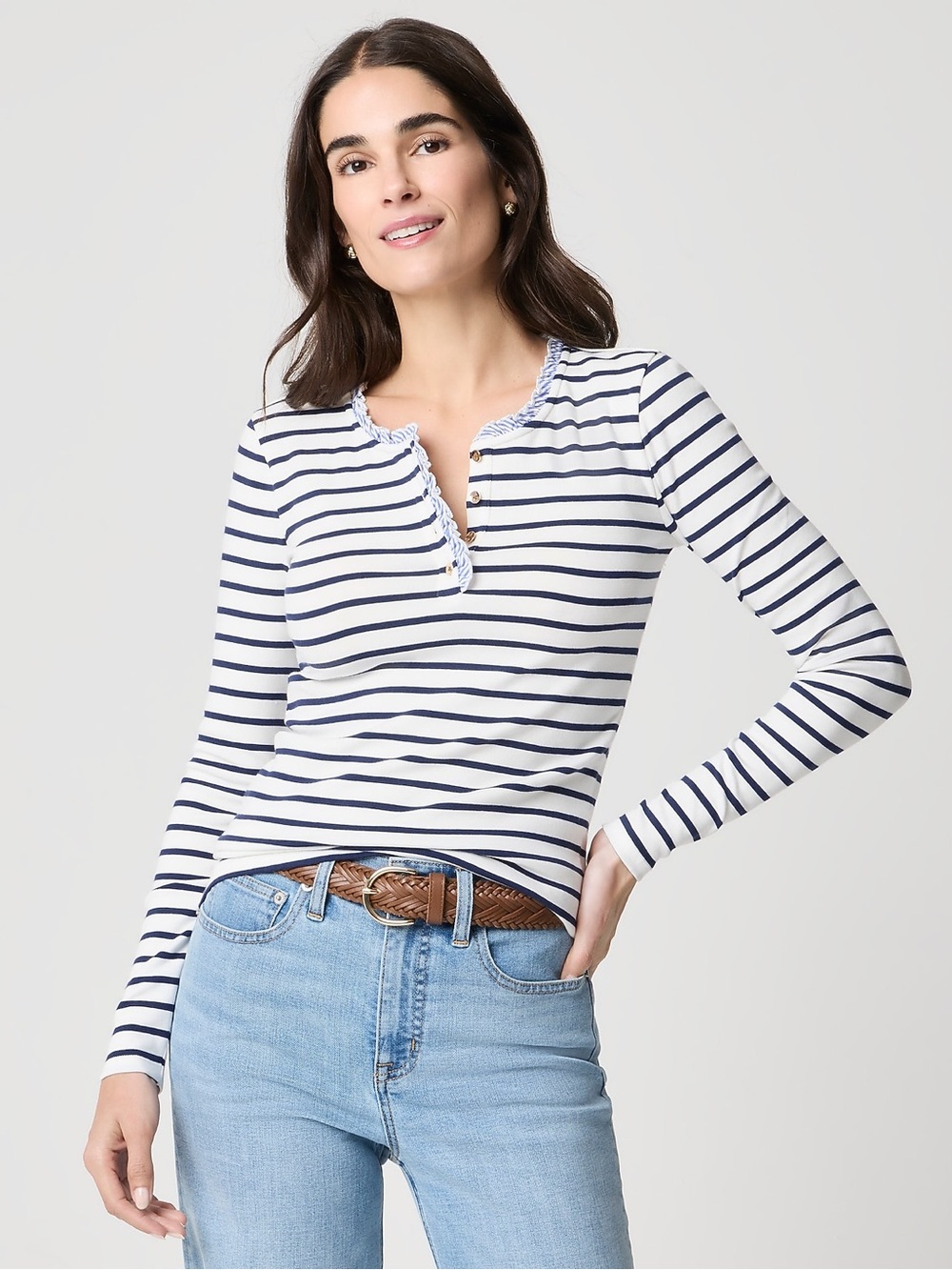 J. Crew Navy & White Striped Long-Sleeve Henley Top Blue Gingham Hem Size M